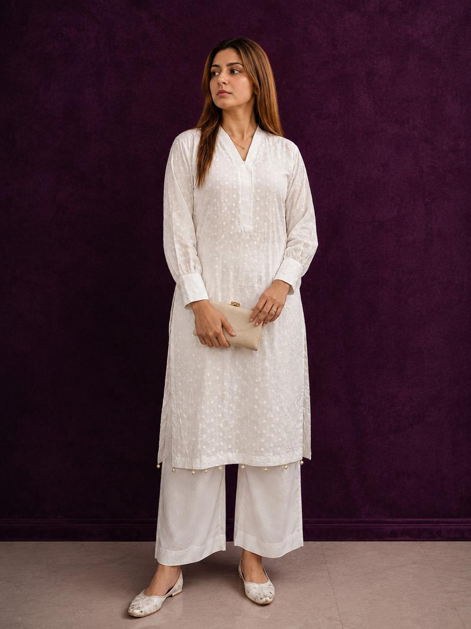 Elegant White Embroidered 2-Piece Women's Kurta Set – Premium Casual & Festive Wear